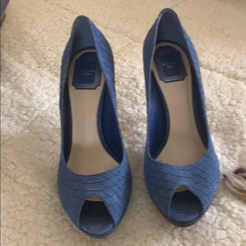 Eel blue, Dior, peep toe shoes / snake skin suede
